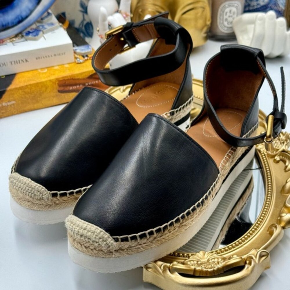 🆕 SEE BY CHLOE 🧿 NWOB Glyn Black Leather Espadrille Sandals - EU 37 - Picture 8 of 16